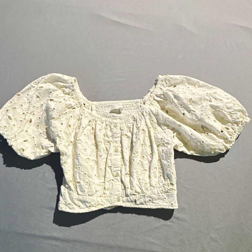 Zara Girls White Eyelet Lace Puff Sleeve Crop Top Blouse Size 9 134cm